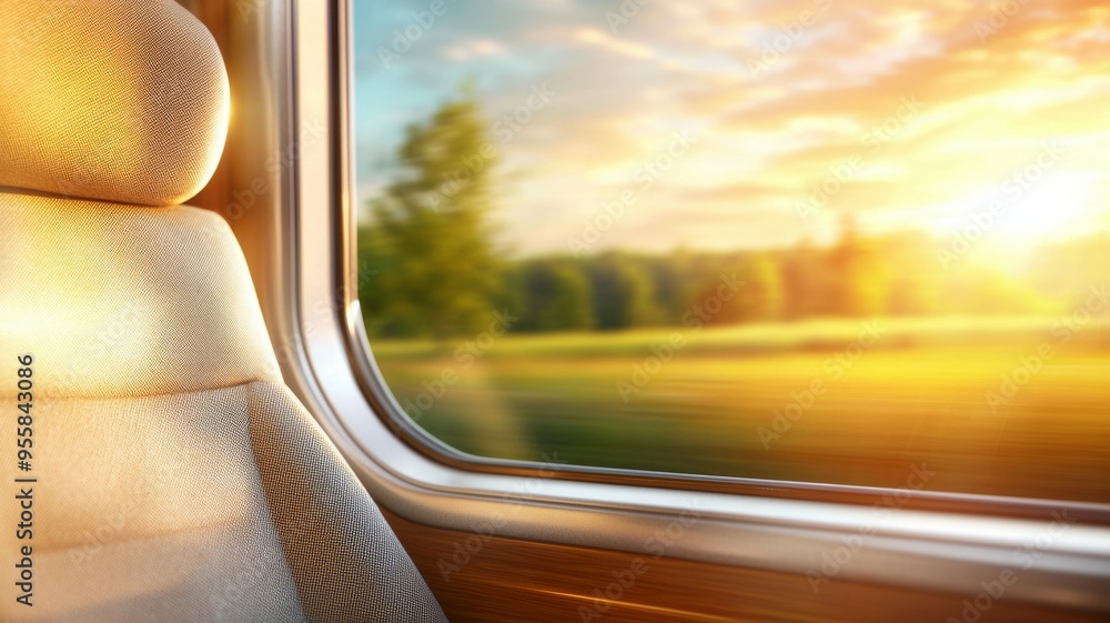 Poster a train window with a view of a field and a tree