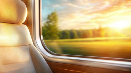 A train window with a view of a field and a tree