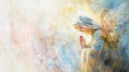 The Annunciation with a holographic angel Mary illuminated by divine light