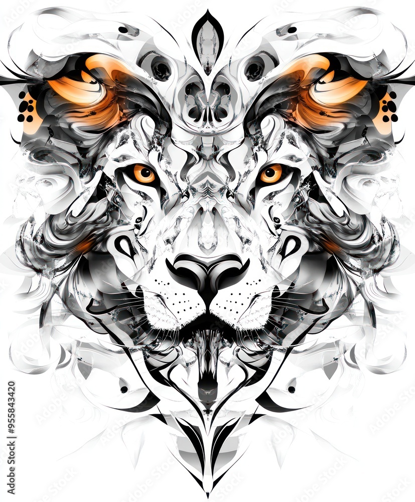 Wall mural A stylized graphic representation of a lion's face with intricate designs and vibrant colors.