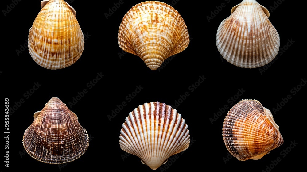 Poster a collection of six different types of shells, each with a unique pattern