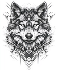 A detailed black and white illustration of a wolf's head with geometric patterns.
