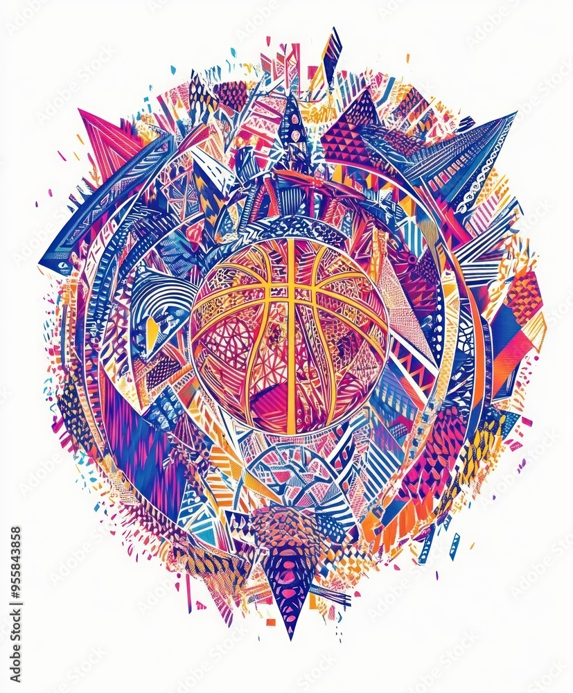 Poster A vibrant and intricate illustration centered around a basketball theme, showcasing dynamic patterns.