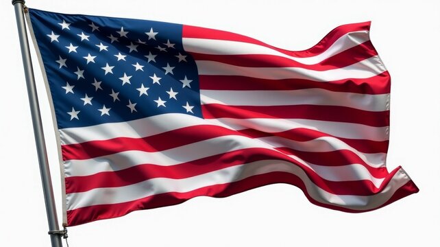 A large American flag with stars and stripes is blowing in the wind