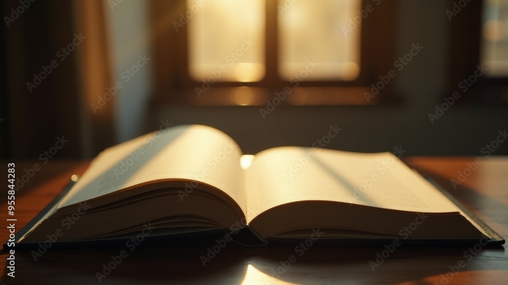 Poster a book is open on a table with sunlight shining on it