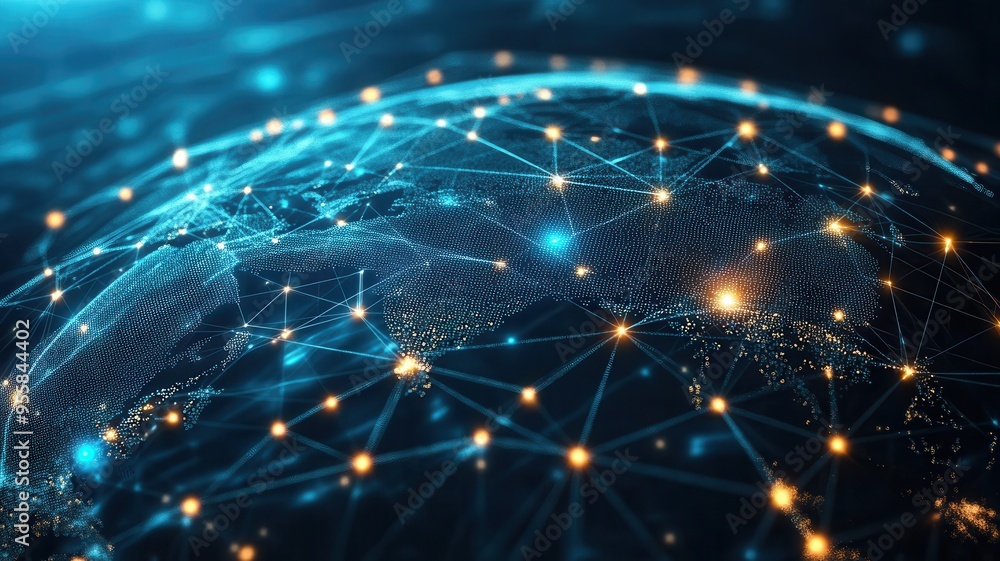 Poster a vibrant digital representation of a globe connected by glowing lines, symbolizing global networks 