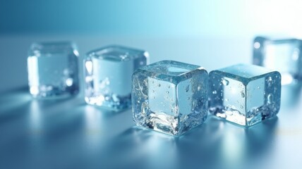 A row of ice cubes on a blue surface