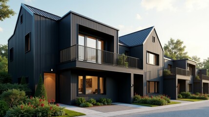 A row of black houses with a green lawn in front of them