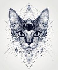 A detailed, artistic illustration of a cat's face with geometric patterns and mystical elements.