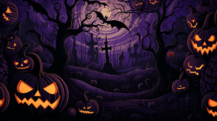 Spooky Halloween Night with Glowing Pumpkins and Haunted House