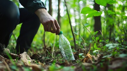Plastic reduction action, in the forest, pick up garbage, green forest, a plastic bottle, environmental protection, environmental protection, clean, earth protection