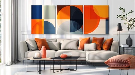 Three Abstract Geometric Wall Art Panels Featuring Orange and Blue Circles and Curves in an Acrylic Painting Style
