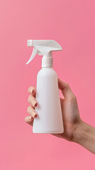 Product Photography of White Spray Bottle with Hand on Pink Backdrop