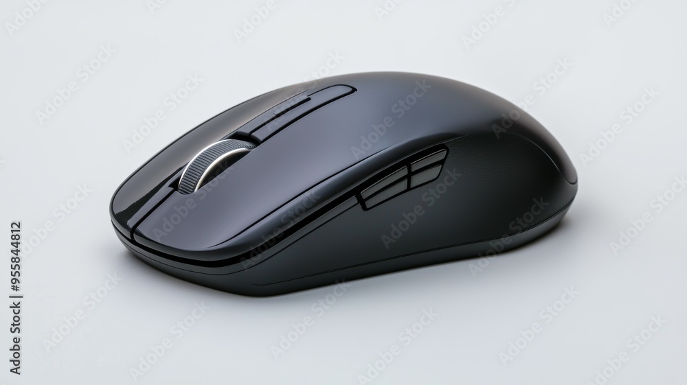 Poster a black computer mouse with a silver button on the top
