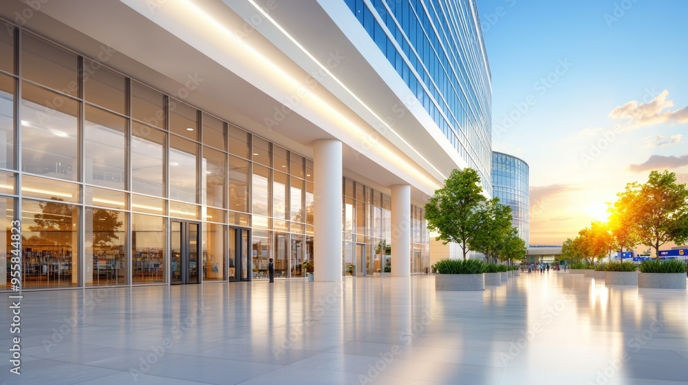 Poster a large glass building with a lot of windows and a large tree in front