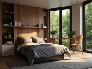 Modern Bedroom with Wooden Accents and a View