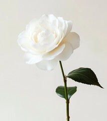 Serene White Camellia: A single, pristine white camellia blossom stands tall, its delicate petals unfurling against a soft, neutral backdrop.  A symbol of elegance, purity, and timeless beauty. 
