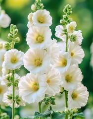 Fototapeta premium White Hollyhock Blooms: A cluster of pristine white hollyhock blossoms, with their delicate petals and prominent yellow centers, stand tall against a backdrop of vibrant green foliage.