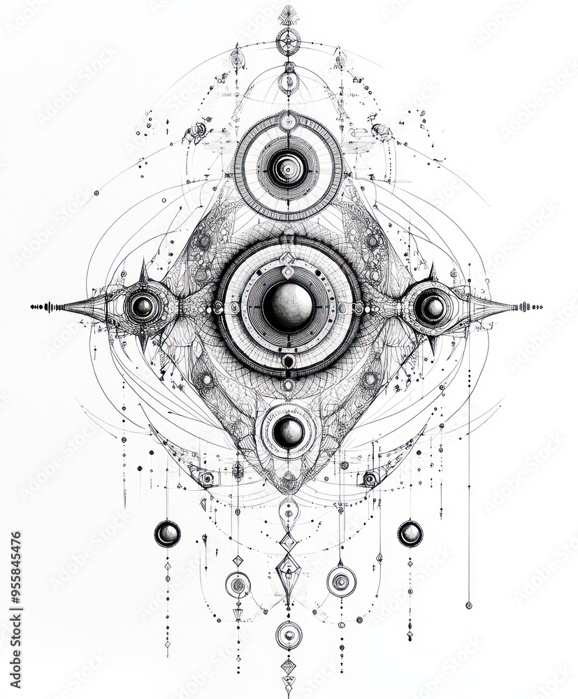 Poster A detailed abstract design featuring concentric circles and intricate lines.