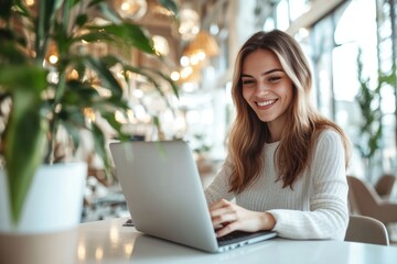 A high-resolution photograph of a young woman marketer, smiling as she works on her laptop in a bright, elegant office setting