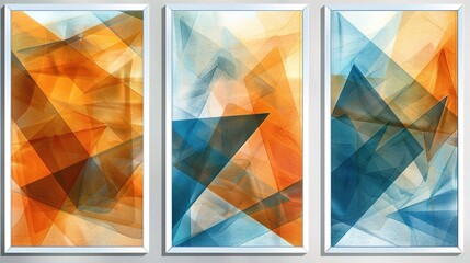 Three Abstract Geometric Wall Art Panels Featuring Orange and Blue Circles and Curves in an Acrylic Painting Style