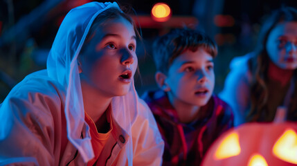 Teens telling ghost stories by candlelight in Halloween costumes