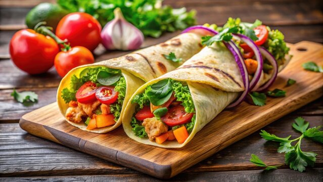 Delicious and colorful Unda Chicken Kati Roll with fresh ingredients on a wooden board, food, Indian cuisine, street food