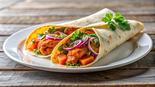 Delicious Indian street food chicken kati roll on a white plate , Indian, street food, roll, wrap, kati roll, chicken