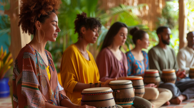 Diverse group of music therapists performing with drums in a session