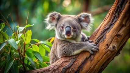 Fototapeta premium Koala resting in eucalyptus tree , Wildlife, native, Australia, marsupial, adorable, cute, furry, bushland