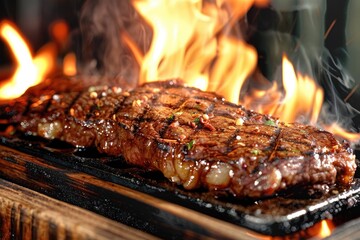 Sizzling steak cooking over open flames, mouth-watering aroma