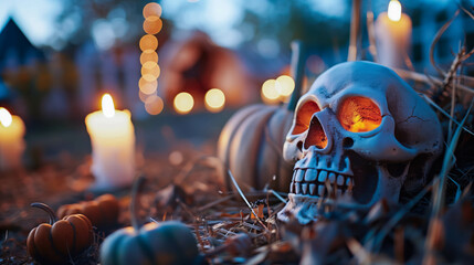 Skull Decoration Illuminated by Candlelight at Halloween Event