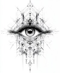 Obraz premium An intricate black and white illustration featuring an eye surrounded by geometric patterns.