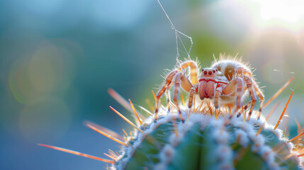 Spider weaving web on cactus in sunlight