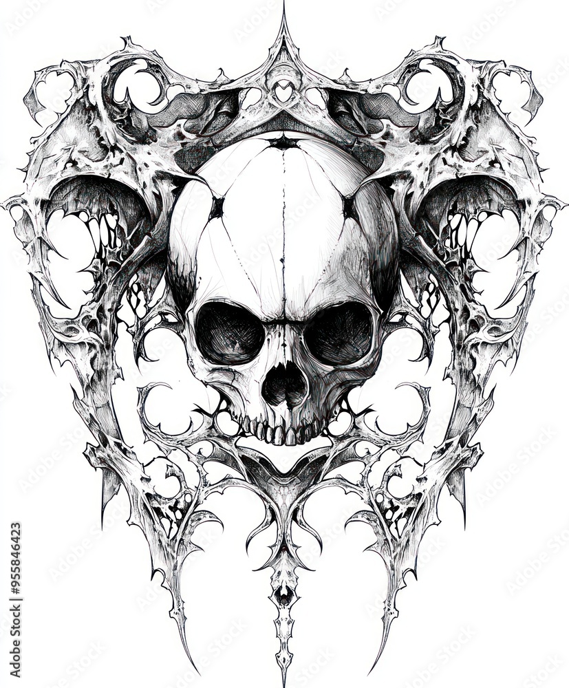 Wall mural A detailed illustration featuring a skull surrounded by ornate, gothic elements.