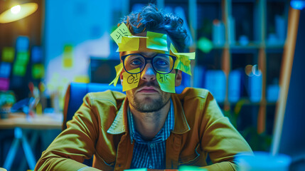 Focused Man Planning with Sticky Notes at Night Office