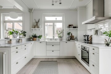 Elegant white kitchen with cozy elements and minimalistic design