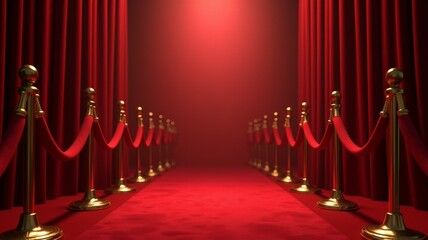 A red curtain with gold posts and a red carpet