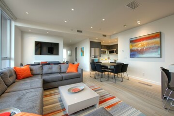 Obraz premium Bright modern living room with sleek furniture and cozy atmosphere