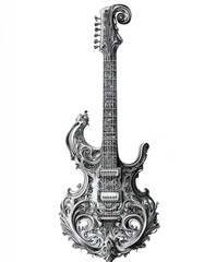 Obraz premium Ornate guitar with intricate carvings and a unique design.