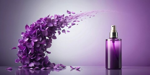 Purple spray bottle with falling petals , purple, spray bottle, petals, floral, beauty, mist, lavender