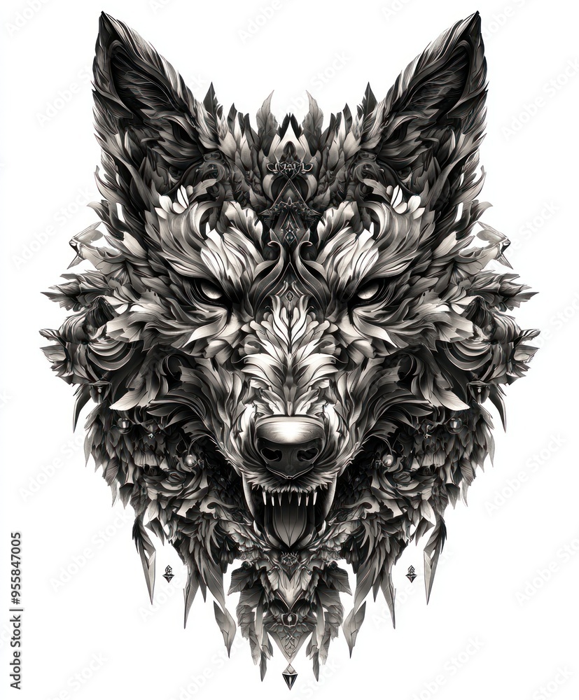 Poster A detailed, artistic representation of a wolf's head, showcasing intricate patterns and textures.