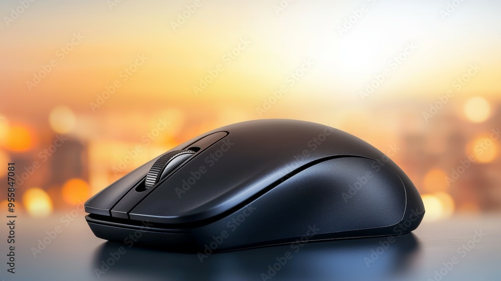 Poster a black computer mouse sits on a table