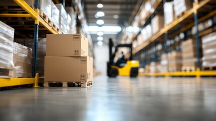 A warehouse with a forklift in the middle of it