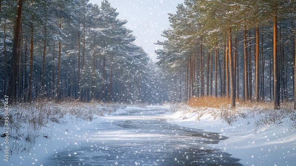 Canvas Prints snowcovered forest tall pine trees a frozen stream and falling snowflakes