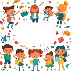 Cute Cartoon Illustration of Children with Backpacks and School Supplies