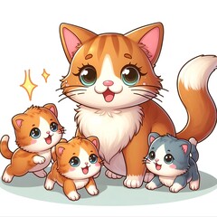 Cartoon image of a mother cat with her kittens 