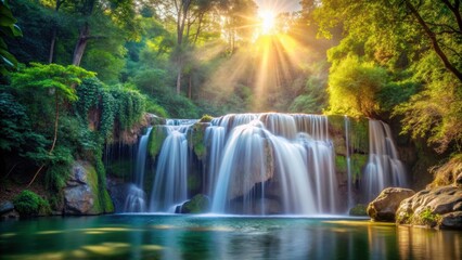 Fototapeta premium Scenic view of a tranquil waterfall in the morning sunlight , waterfall, morning, sunlight, serene, nature, landscape