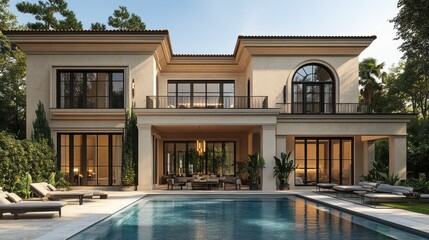 Fototapeta premium Modern villa with pool, surrounded by lush greenery.