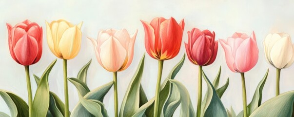 Obraz premium A soft pastel painting of blooming tulips in a spring garden, florals, tulips, pastel